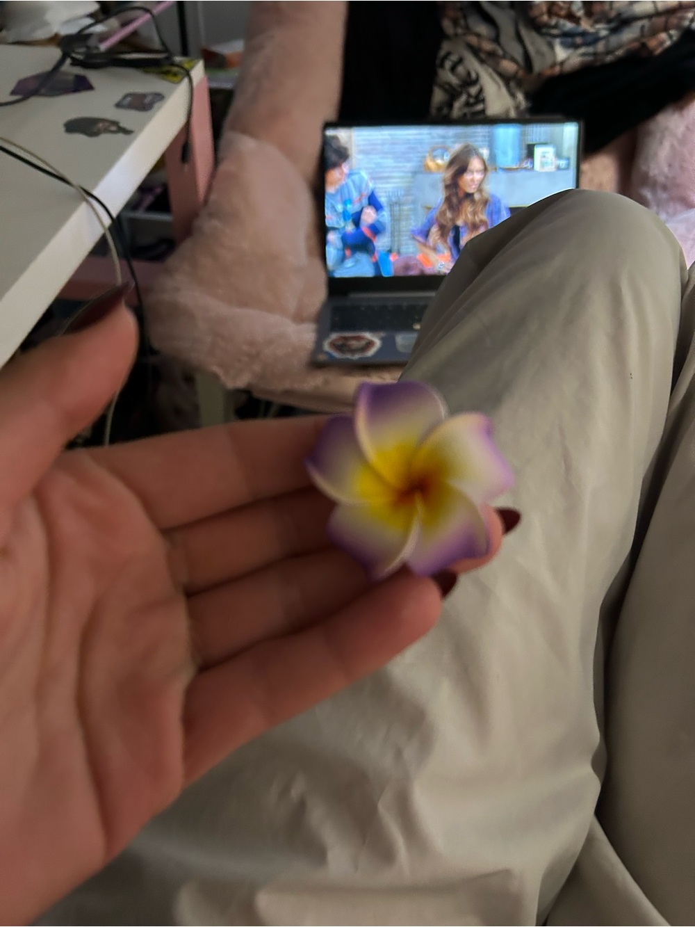 Purple and Yellow Plumeria Flower Hair Clip